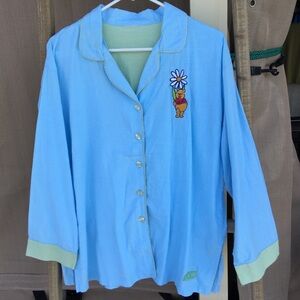 Winnie the Pooh Blue Green Pajama Top with Embroidered Character